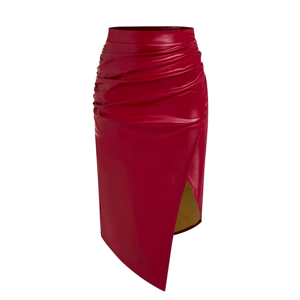 FAUX LEATHER MID RISE SOLID RUCHED SPLIT MIDI Skirt